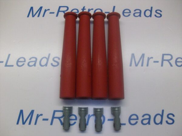 Red Ignition Spark Plug Rubber Boots & Terminals X 4  Full Set Kit Car 4" Long