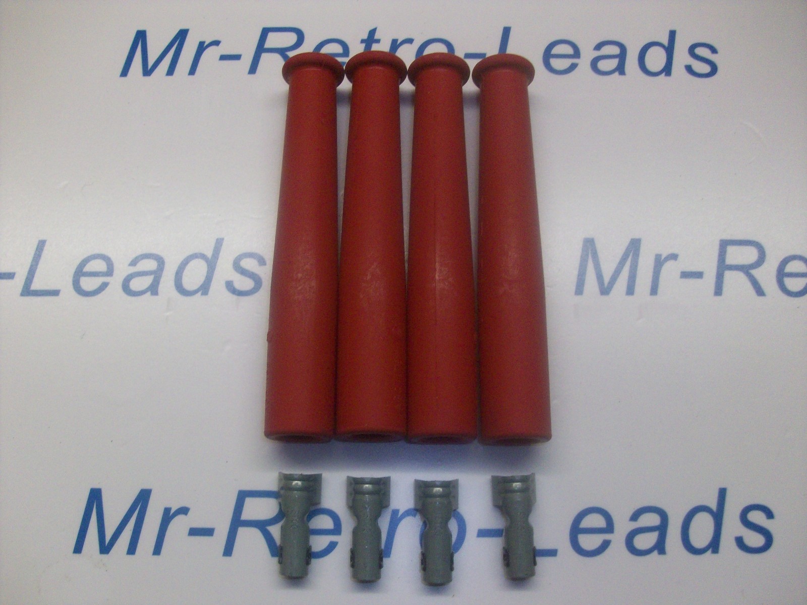 Red Ignition Spark Plug Rubber Boots & Terminals X 4  Full Set Kit Car 4" Long
